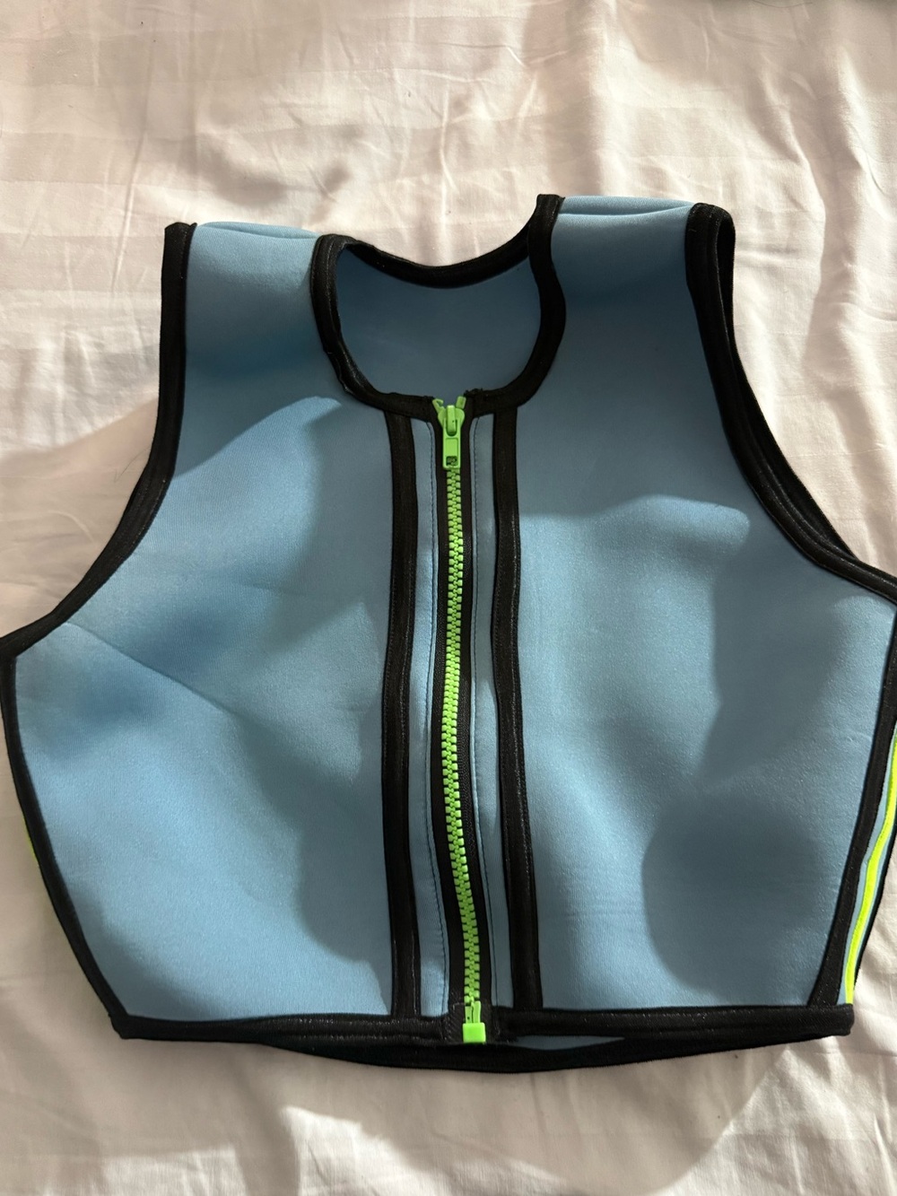 Light Blue Neoprene Zip Front Crop Vest with Neon Green Zip